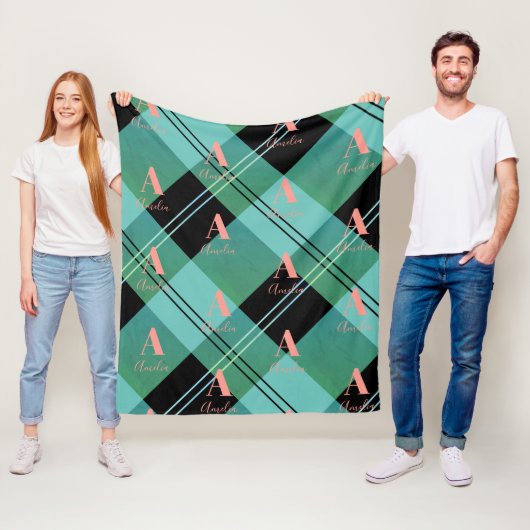 Couverture Polaire Nom du monogramme Plaid vert rose (En situation)
