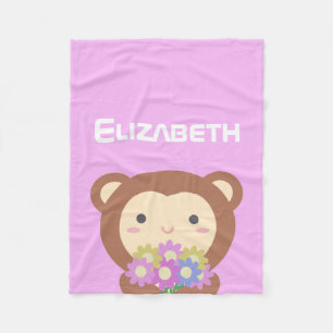 Couverture Polaire Nom mignon Kawaii Singe et Fleurs rose violet