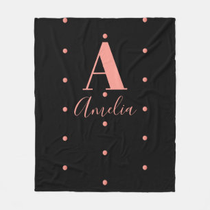 Couverture Polaire Nom moderne Monogram Black Rose Gold Polka Dot