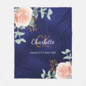 Couverture Polaire Nom monogramme bleu marine rose fleuri vert (Devant)