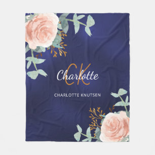 Couverture Polaire Nom monogramme bleu marine rose fleuri vert