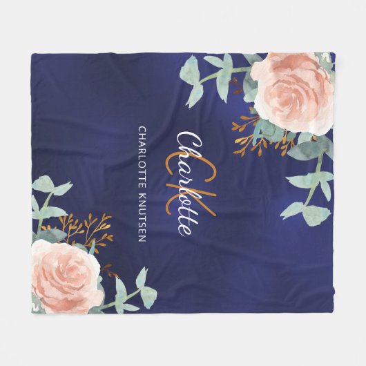 Couverture Polaire Nom monogramme bleu marine rose fleuri vert (Devant (Horizontal))