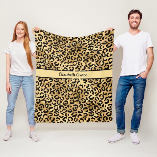 Couverture Polaire Nom Monogramme Imprimé Léopard Noir Or Guépard (En situation)