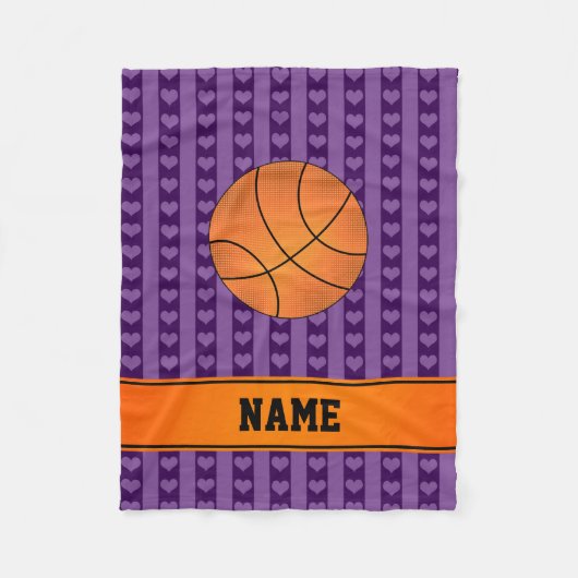 Couverture Polaire Nom personnalisé basketball violet coeurs rayures (Devant)