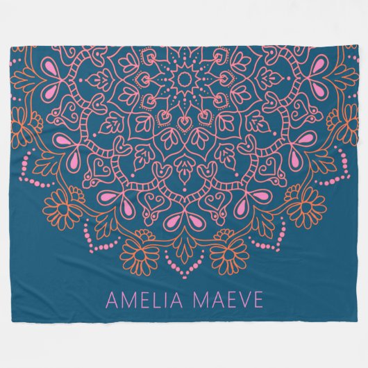 Couverture Polaire Nom personnalisé Boho Mandala Floral Bleu Rose (Devant (Horizontal))