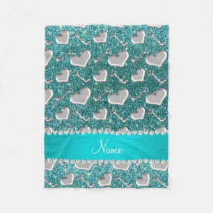 Couverture Polaire Nom personnalisé coeur argent touches turquoise pa