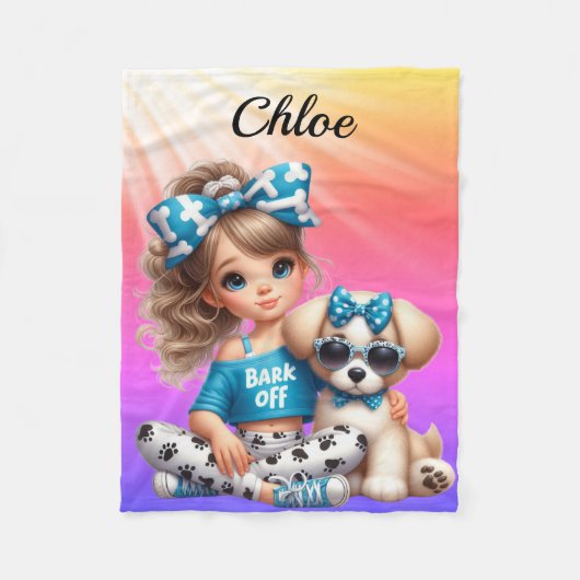 Couverture Polaire Nom personnalisé fille avec chiot (Devant)