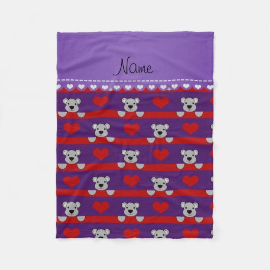 Couverture Polaire Nom personnalisé koalas rouge coeurs rayures (Devant)