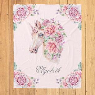Couverture Polaire Nom personnalisé Licorne Fleurie Aquarelle Rustiqu