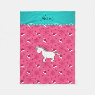 Couverture Polaire Nom personnalisé licorne rose santa chapeaux snowf