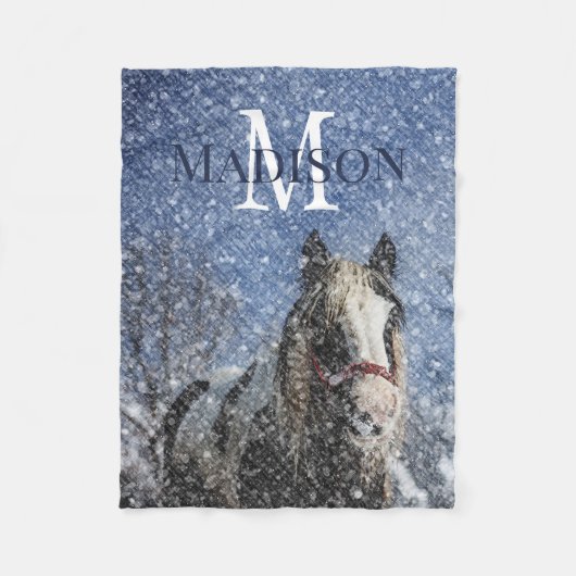 Couverture Polaire Nom personnalisé Monogramme Cheval d'hiver (Devant)