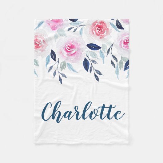 Couverture Polaire Nom personnalisé par aquarelle rose florale de (Devant)
