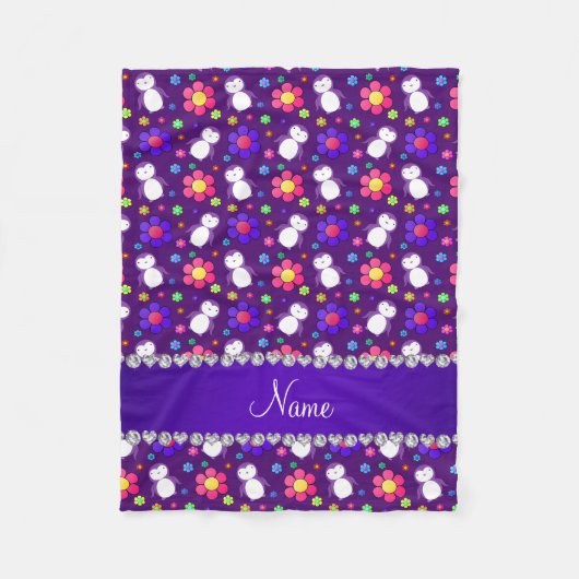 Couverture Polaire Nom personnalisé pingouins violets fleurs (Devant)