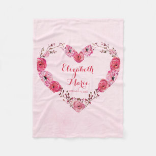 Couverture Polaire Nom personnalisé Pink Baby Girl Floral Monogramme