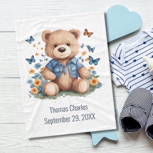 Couverture Polaire Nom personnalisé Teddy Bear Butterflies Baby