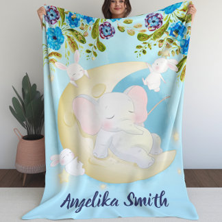 Couverture Polaire Nom personnalisé turquoise Elephant Crescent Moon