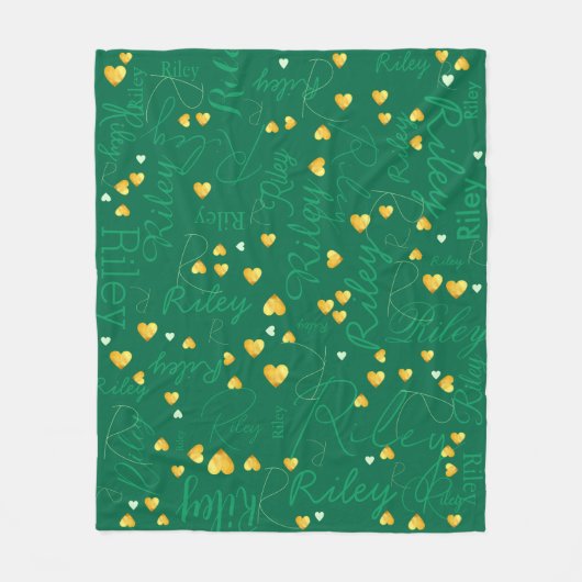 Couverture Polaire Nom répétitif avec Coeurs d'or vert-émeraude foncé (Devant)