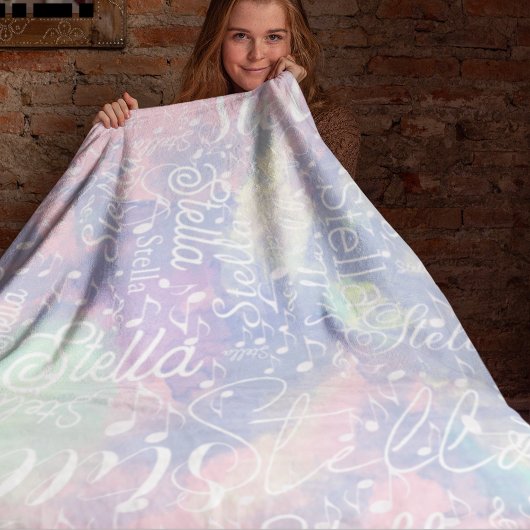 Couverture Polaire Nom sur Pink Bluish Aquarelle avec notes musicales