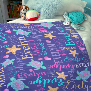 Couverture Polaire Nom tortue motif bleu rose aqua corail