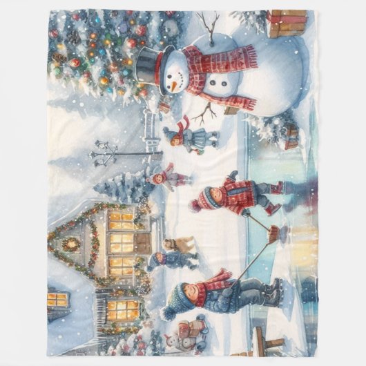 Couverture Polaire Nostalgique Enfants Patinage Noël Toison Blanche (Devant)