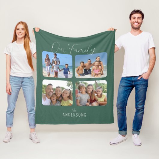 Couverture Polaire Notre Famille Calligraphie Script 4 Photos Vert (En situation)