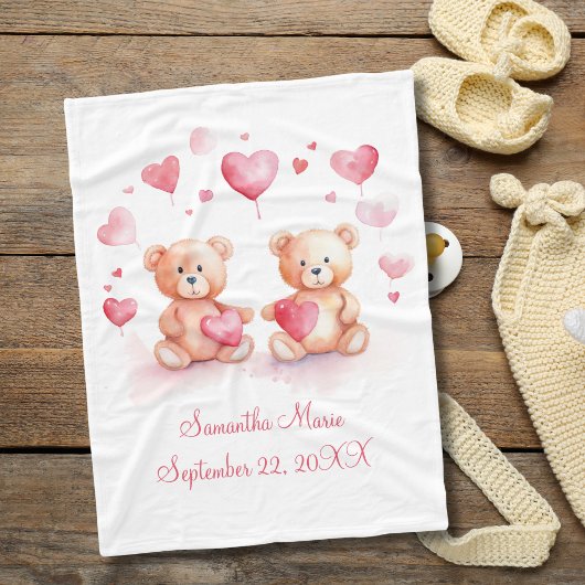 Couverture Polaire Nounours personnalisé Coeurs rouges roses bébé