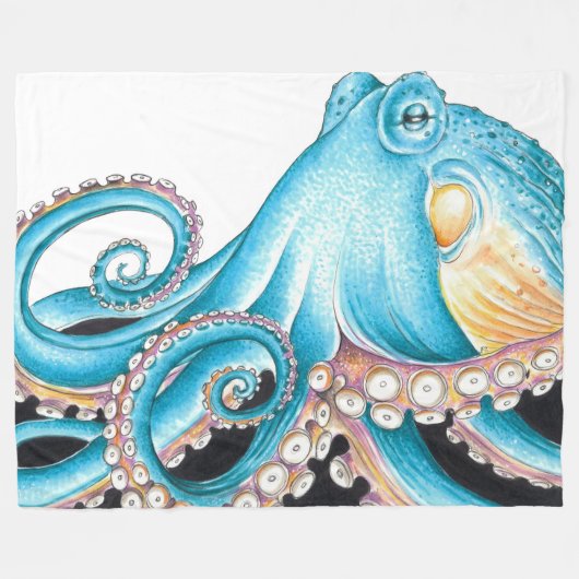 Couverture Polaire Octopus Bleu Sur Encre Blanche (Devant (Horizontal))