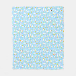 Couverture Polaire Oies Sottes et Nœuds Coquette Blanc sur Fond Bleu