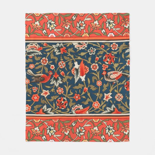 Couverture Polaire Oiseau et fleurs Perse Motif bleu rouge (Devant)