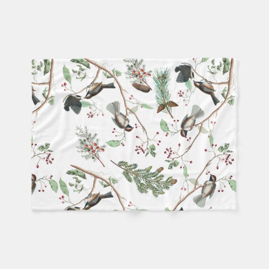 Couverture Polaire Oiseaux de poulet Baies et Pinecones Aquarelle (Devant (Horizontal))