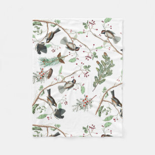 Couverture Polaire Oiseaux de poulet Baies et Pinecones Aquarelle
