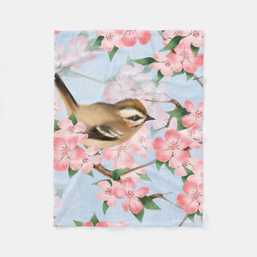 Couverture Polaire Oiseaux et fleurs. Motif de Spring (Devant)