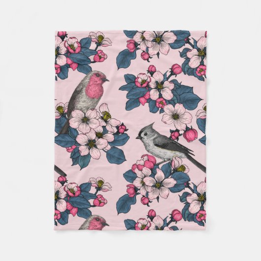 Couverture Polaire Oiseaux et fleurs roses (Devant)