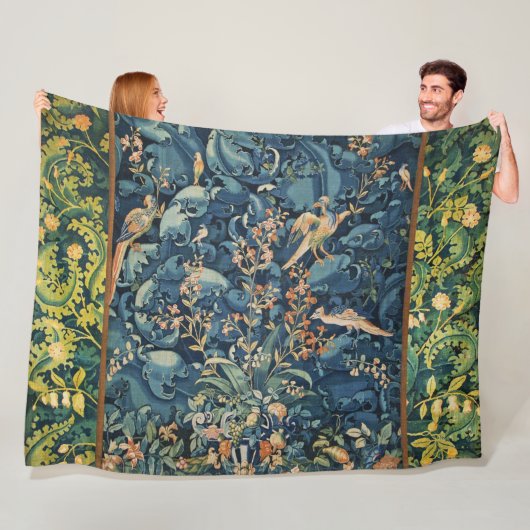 Couverture Polaire OISEAUX, FLEURS ET FEUILLES DE CABBAGE, Bleu (En situation)