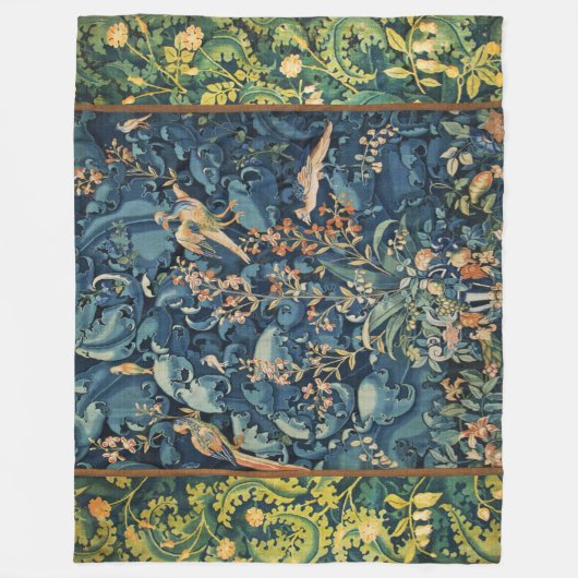 Couverture Polaire OISEAUX, FLEURS ET FEUILLES DE CABBAGE, Bleu (Devant)
