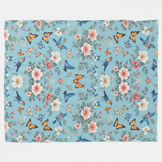 Couverture Polaire Oiseaux Fleurs Et Papillons (Devant (Horizontal))