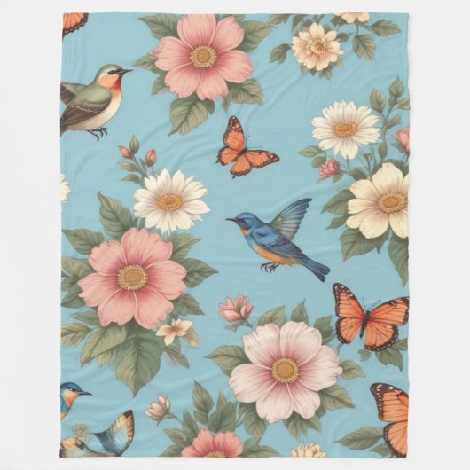 Couverture Polaire Oiseaux Fleurs Et Papillons (Devant)
