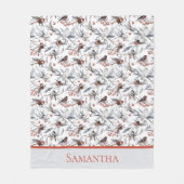 Couverture Polaire Oiseaux Monogramme Blanc Gris Argent Branche Baie  (Devant)