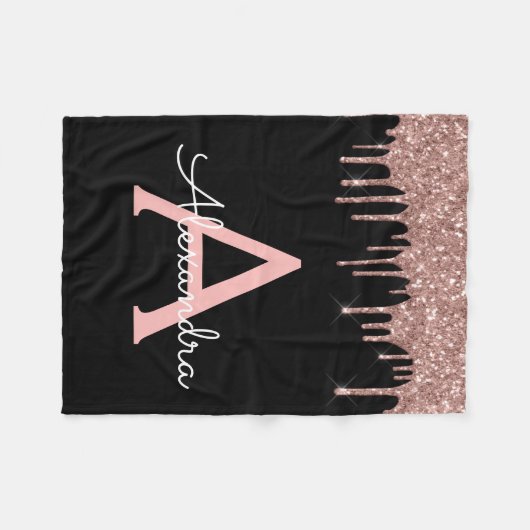 Couverture Polaire Or rose - Paillettes rose blush Monogramme noir (Devant (Horizontal))