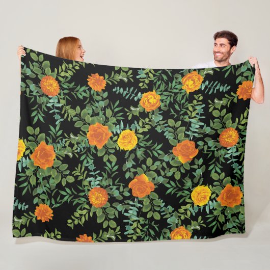 Couverture Polaire Orange & Black Gothique Peony & Rose Floral Mariag (En situation)