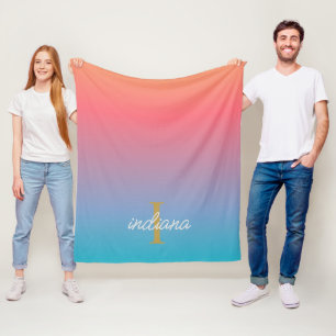 Couverture Polaire Orange Blue Ombre Moderne Monogramme Script