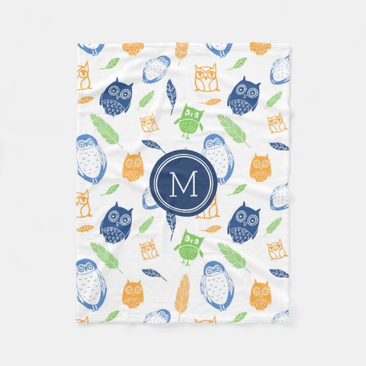 Couverture Polaire Orange Blue Owls Plumes Motif Monogram Blanket (Devant)