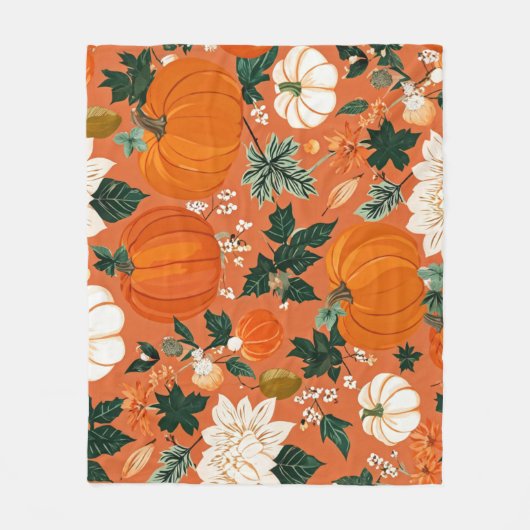Couverture Polaire Orange Boho Citrouille Automne motif floral (Devant)