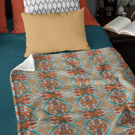 Couverture Polaire Orange Brown Aqua Turquoise Blue Tribal Art
