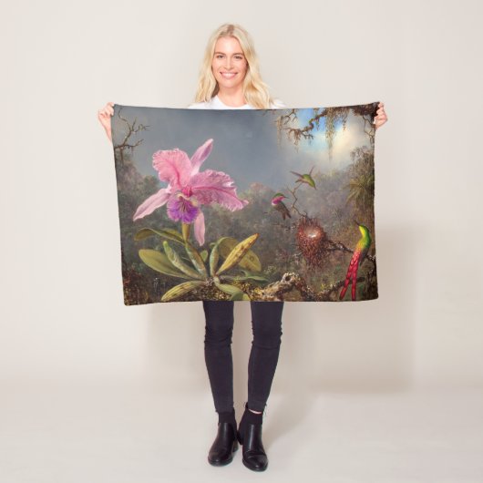 Couverture Polaire Orchidée de Cattleya et trois colibris par Heade (En situation)