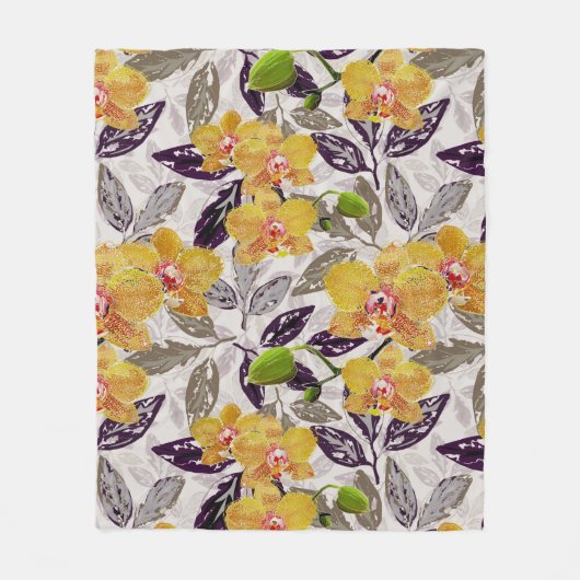 Couverture Polaire Orchidées jaunes oranges. (Devant)