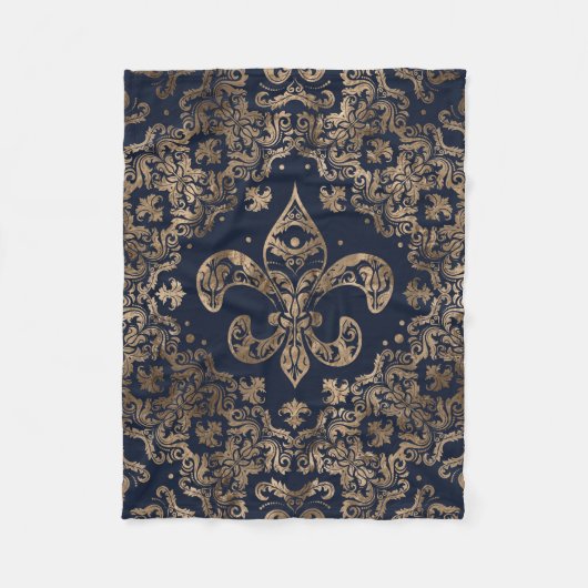 Couverture Polaire Ornement de luxe Fleur de lis - or et bleu foncé (Devant)