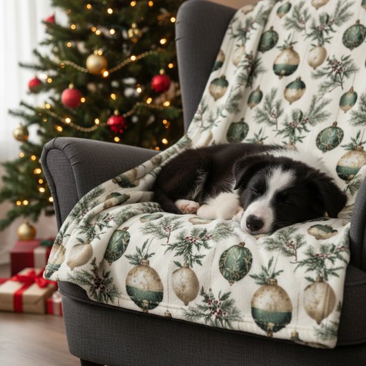 Couverture Polaire Ornements de Noël Sage Green et Gold