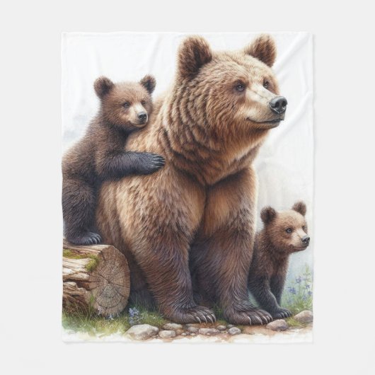 Couverture Polaire Ours Brun avec Deux Oursons Faune Rustique (Devant)