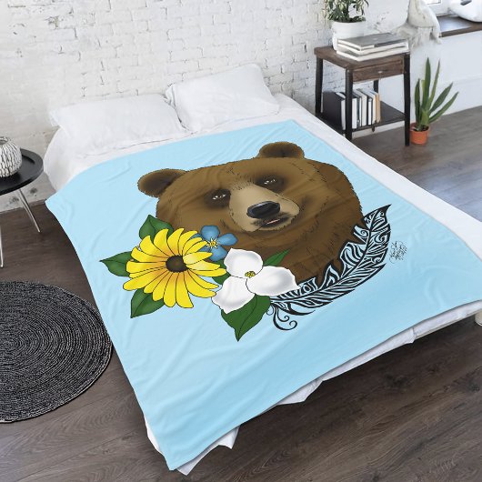 Couverture Polaire Ours Brun Fleurs Bleues Plume Faune